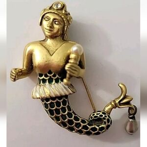 Vintage Gold Tone Green Enamel Faux Pearl Mythical Mermaid Brooch Excellent